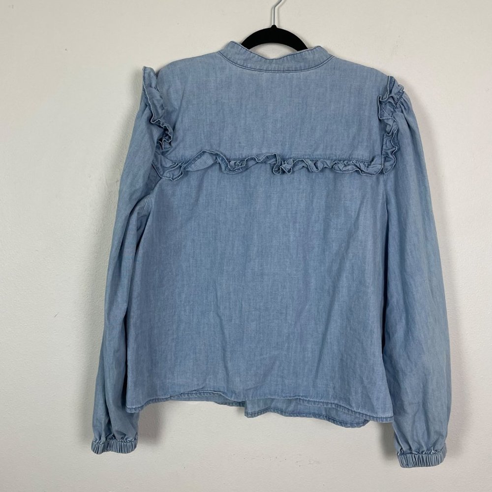 Eloquii Elements Woman's Sz 20 Blue Chambray Long Sleeve Ruffle Blouse Top - Picture 8 of 9